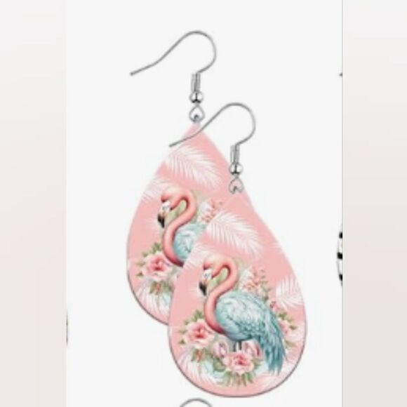 Flamingo teardrop earrings wooden new e17 - Picture 1 of 1
